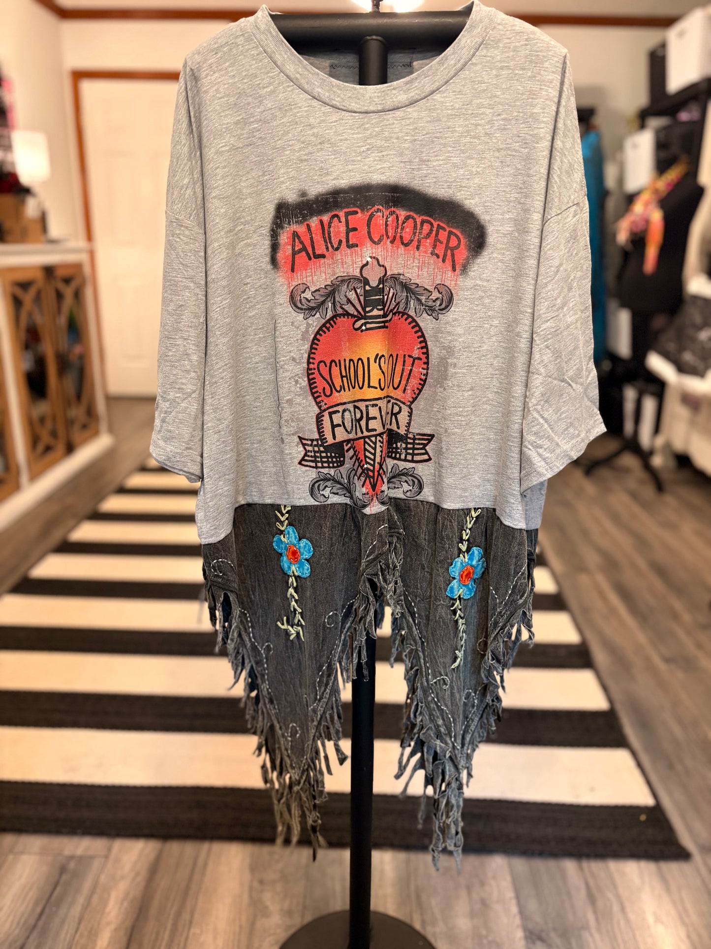 Schools Out Upcycled Fringed Bottom Tee Dress Fits a Small to 2X