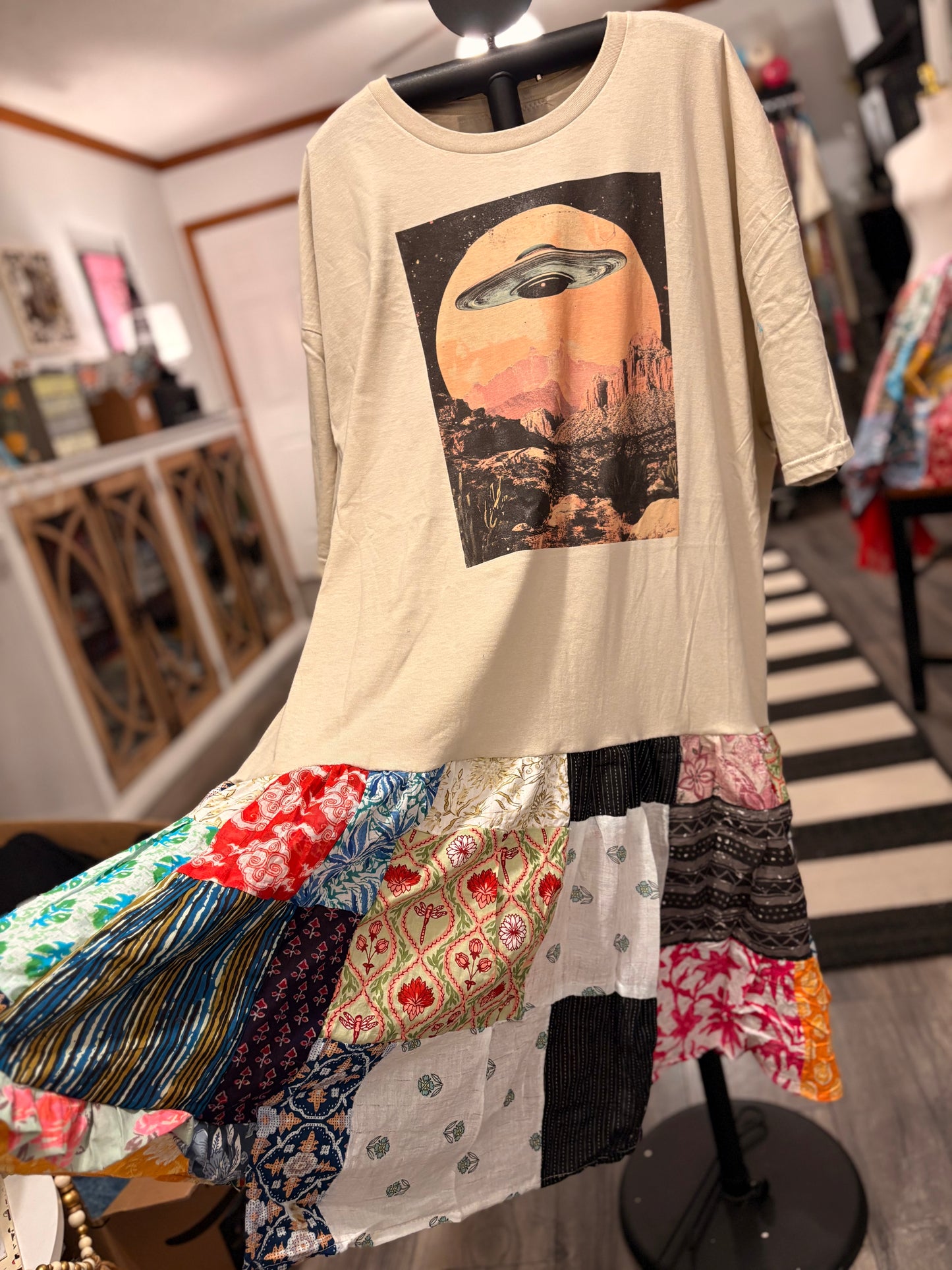 You’re Ride Is Here Upcycled Vintage Patchwork Tee Dress Fits a Small to 3X