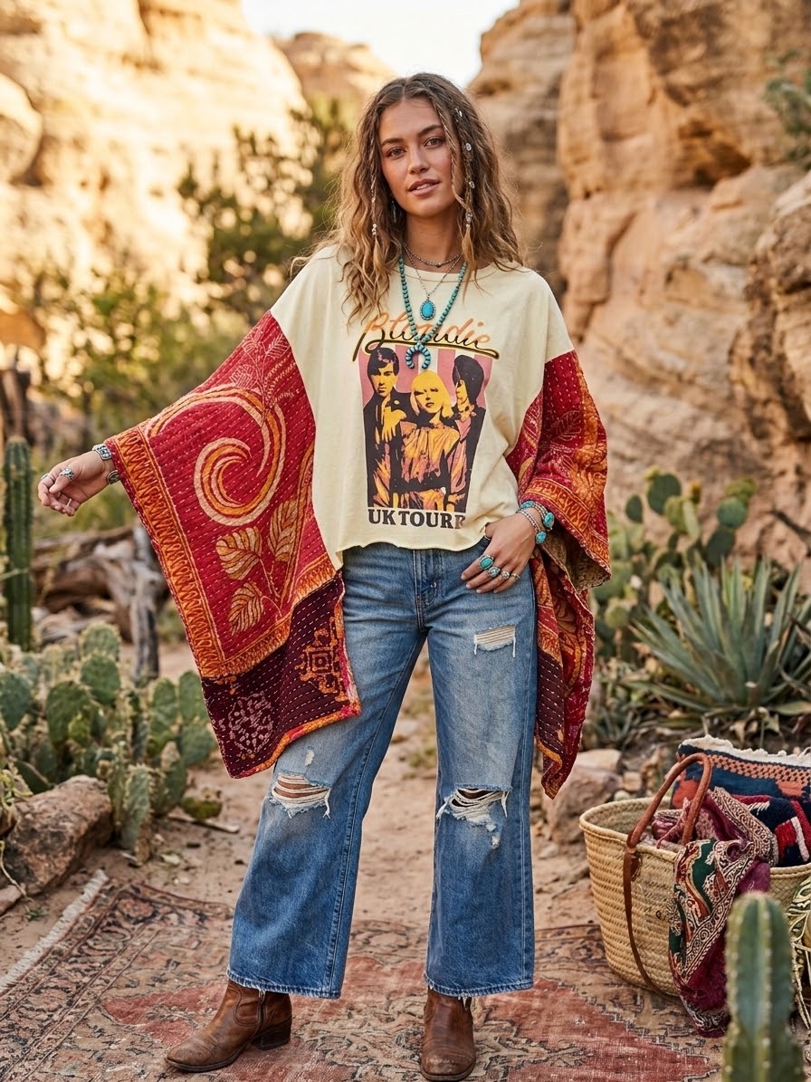 Call Me Upcycled Vintage Kantha Quilt Poncho One Size Fits a Small to XXL