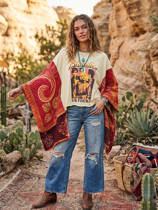 Call Me Upcycled Vintage Kantha Quilt Poncho One Size Fits a Small to XXL