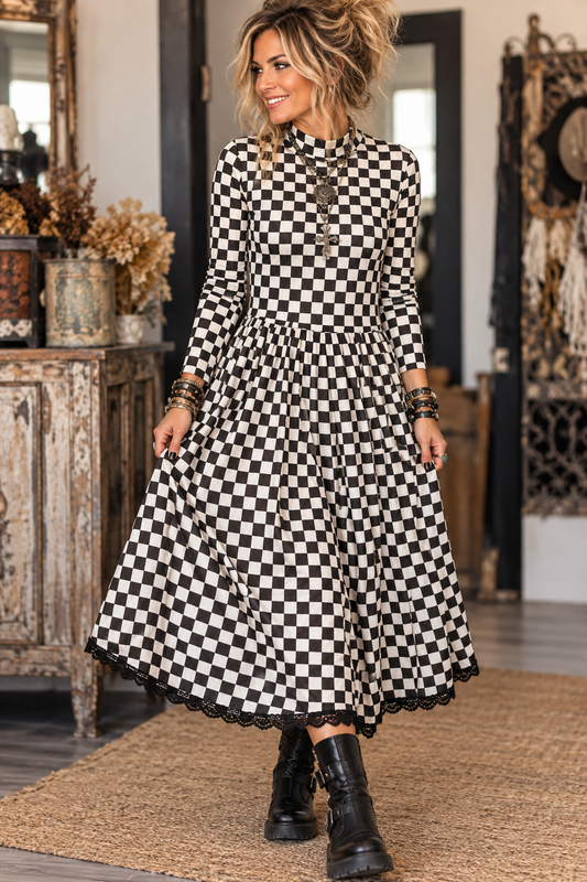 CHECKER PRINT Mesh and Lace Midi DRESS: Black Fits M/L