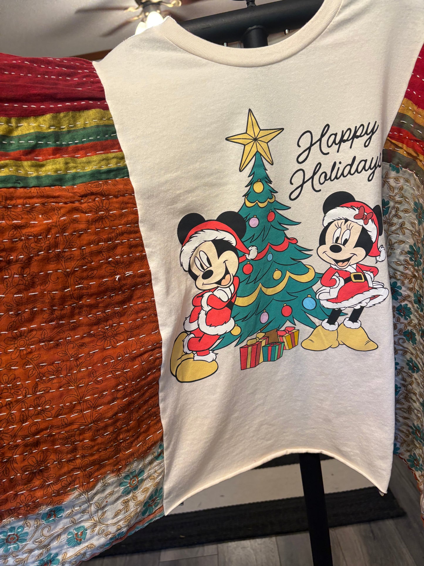 Mickey Christmas Upcycled Vintage Kantha Poncho Tee Fits A Size Small to XXL