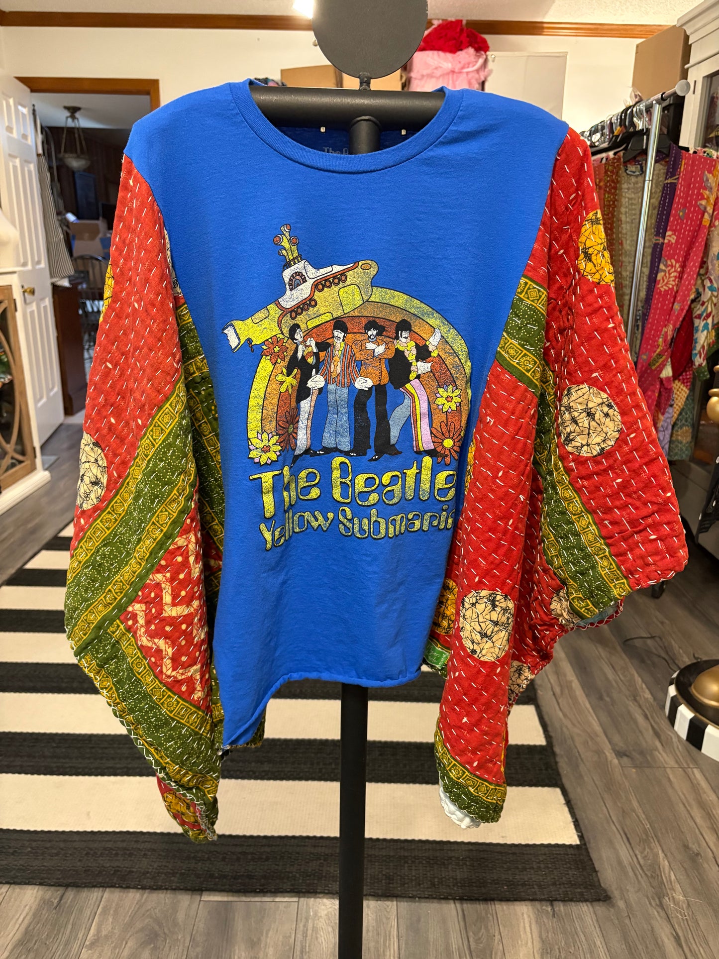Yellow Submarine Upcycled Vintage Kantha Poncho Tee Fits A Size Small to 3X