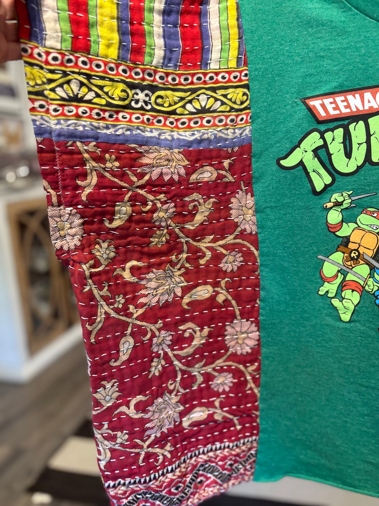 Teenage Mutant Ninja Turtles Upcycled Vintage Kantha Poncho Tee Fits A Size Small to XL