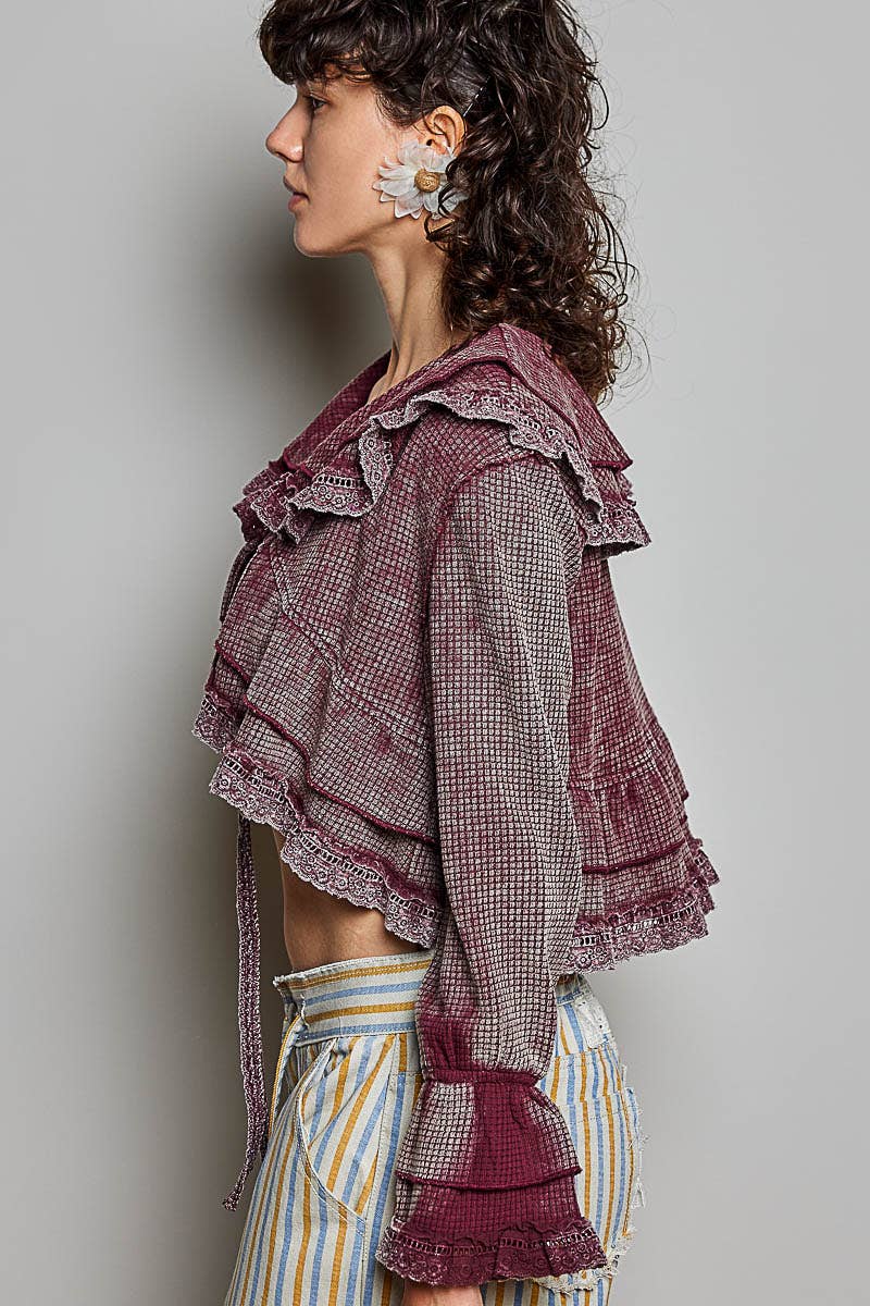 Gingham Lace Ruffle Tie Front Thermal Flared Cropped Top: BLOOD RED / M
