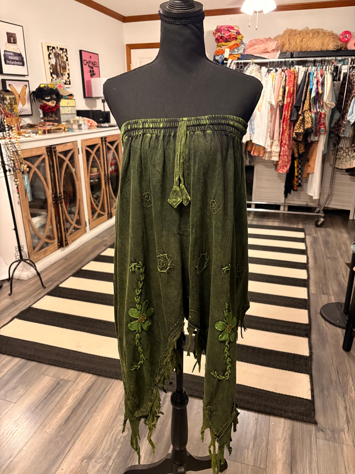 Green Fairy Cotton Hippie Handmade Floral Embroidered Stone Washed Fringe Skirt One Size Fits Small to XL