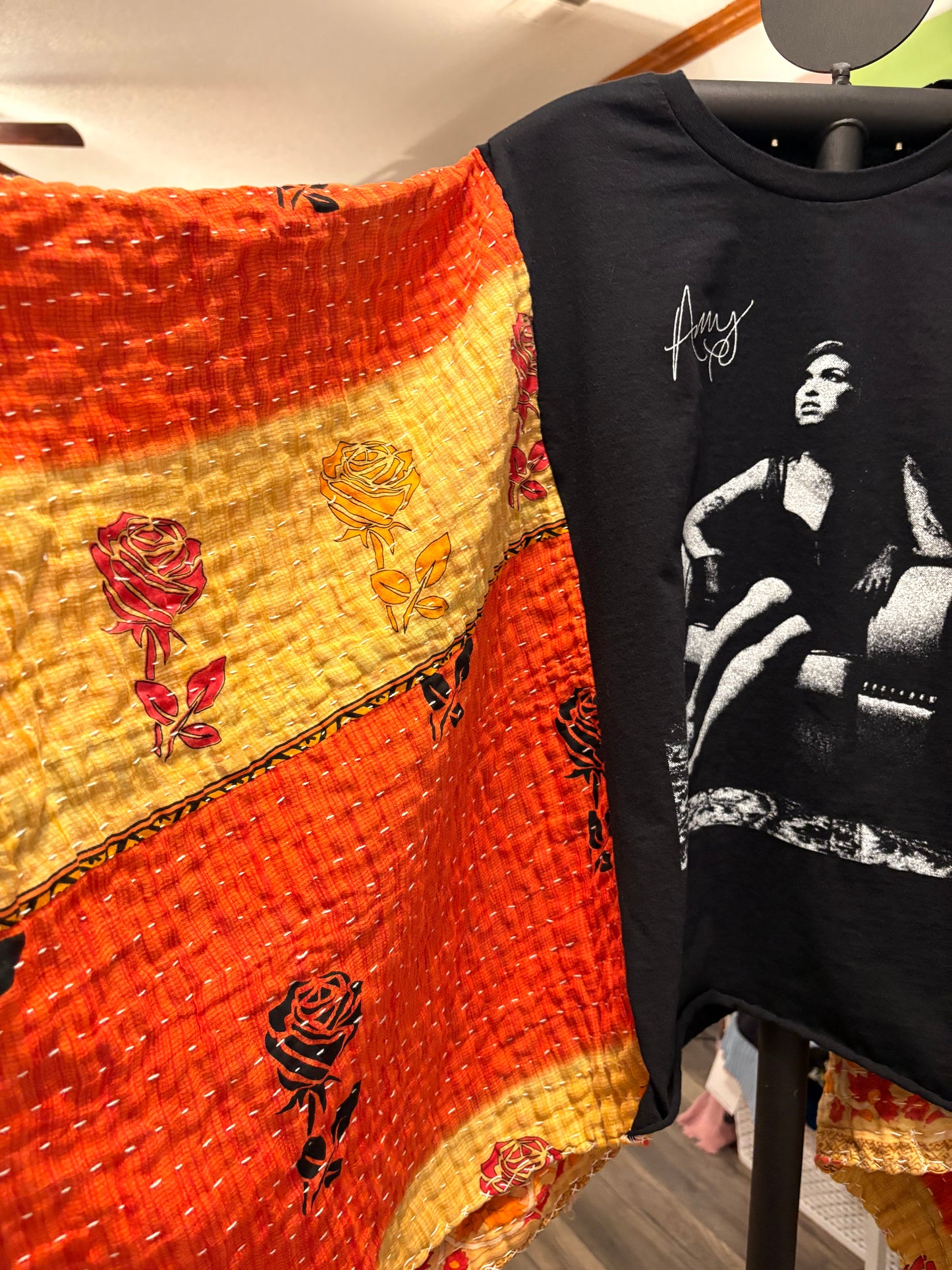 Back to Black Upcycled Vintage Kantha Quilt Poncho Tee One Size Fits a Small to XXL