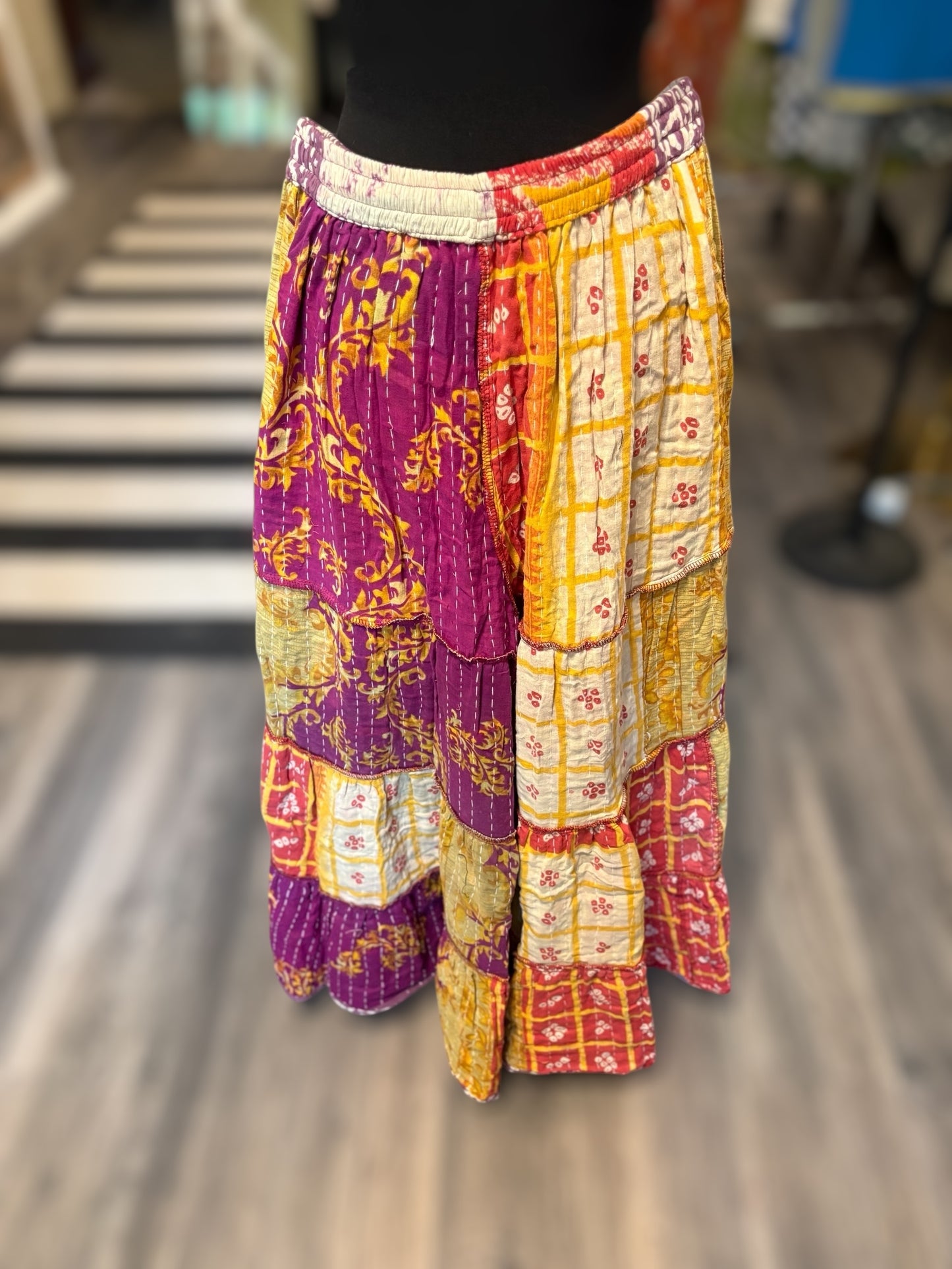 Raven Kantha Flowy Tiered Reversible Palazzo Pant with Pockets: One Size Fits Size 6-16