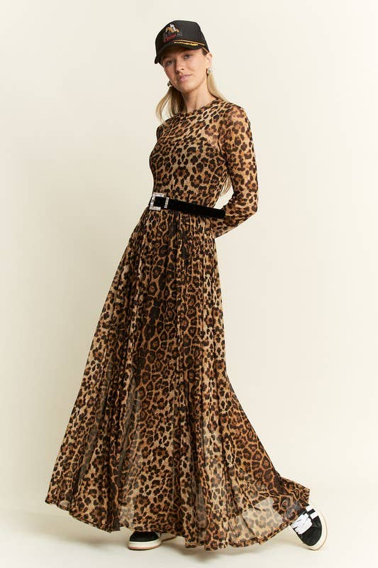 ANIMAL PRINT MESH MOCK DRESS: MOCHA BROWN