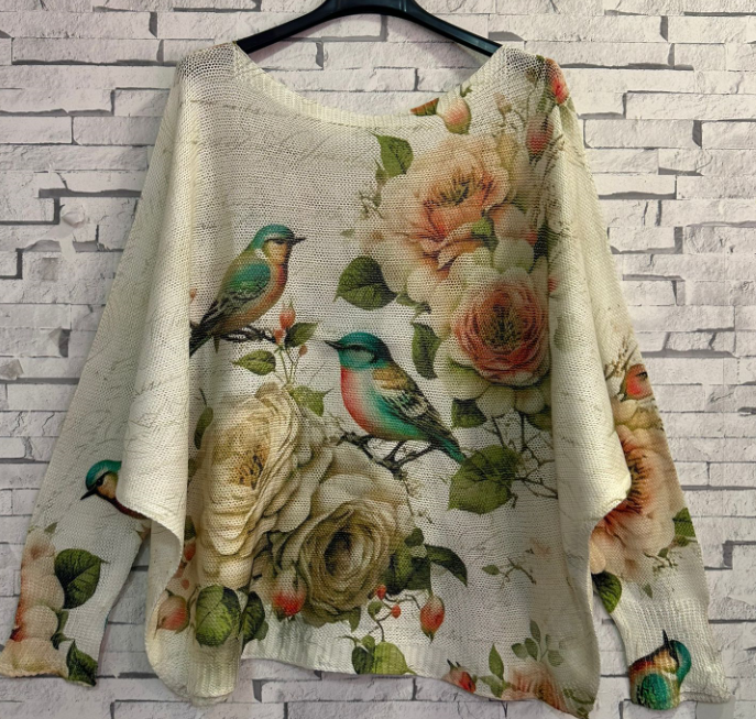VI316 Beige Birds Round Knit Printed Sweater LOOWIE