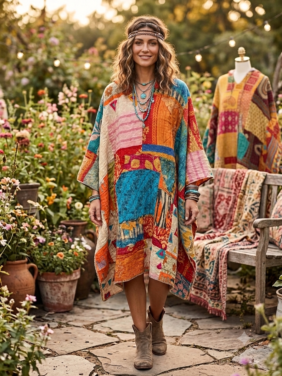 Faith Vintage Kantha Fabric Hood Oversized Poncho Top Dress One Size Fits Most