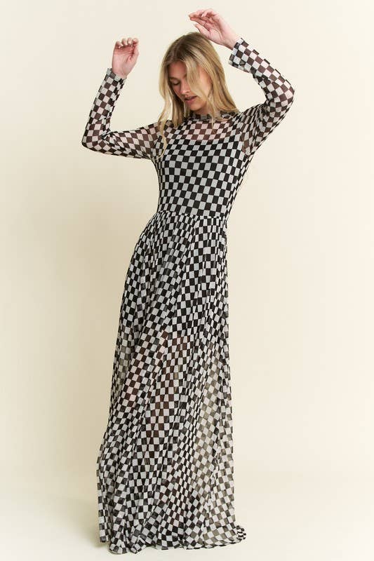 CHECKER PRINT MAXI DRESS: Black