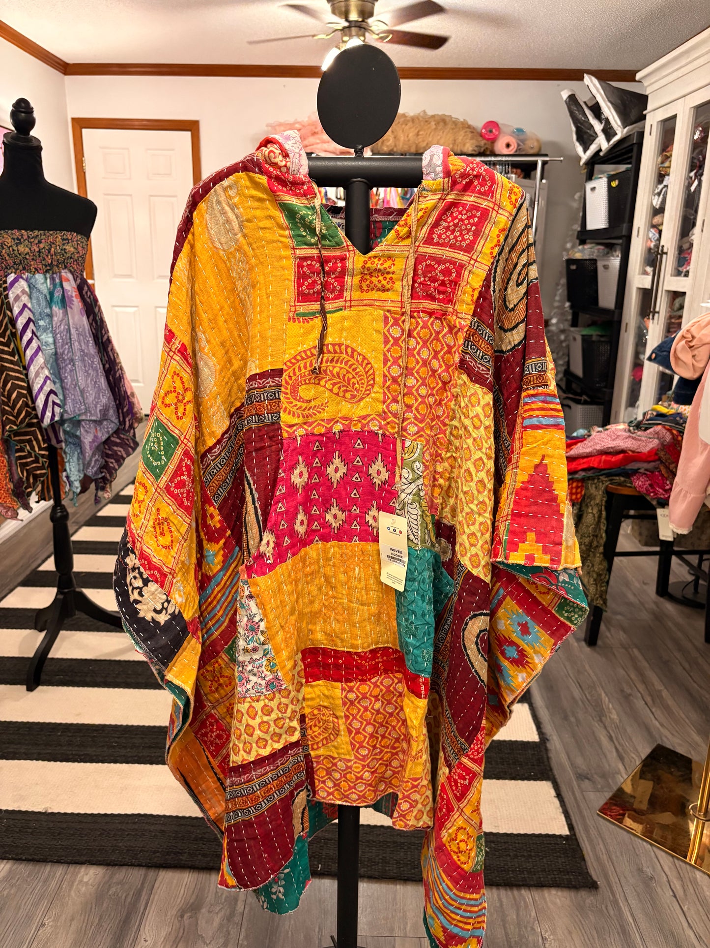 Patience Vintage Kantha Fabric Hood Oversized Poncho Top Dress One Size Fits Most