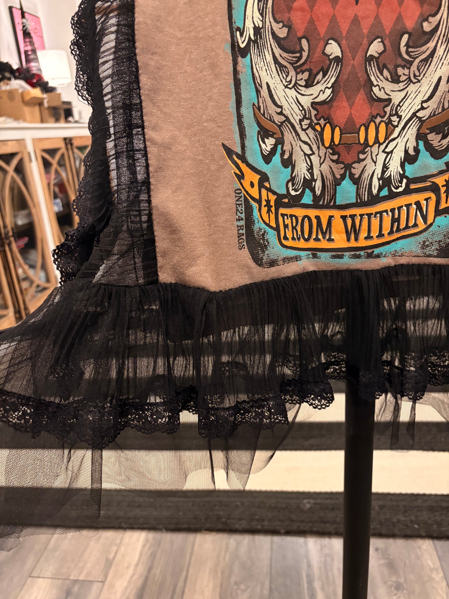 Peace Comes From Within Upcycled Ruffled Boxy Top One Size Fits a Small to Large