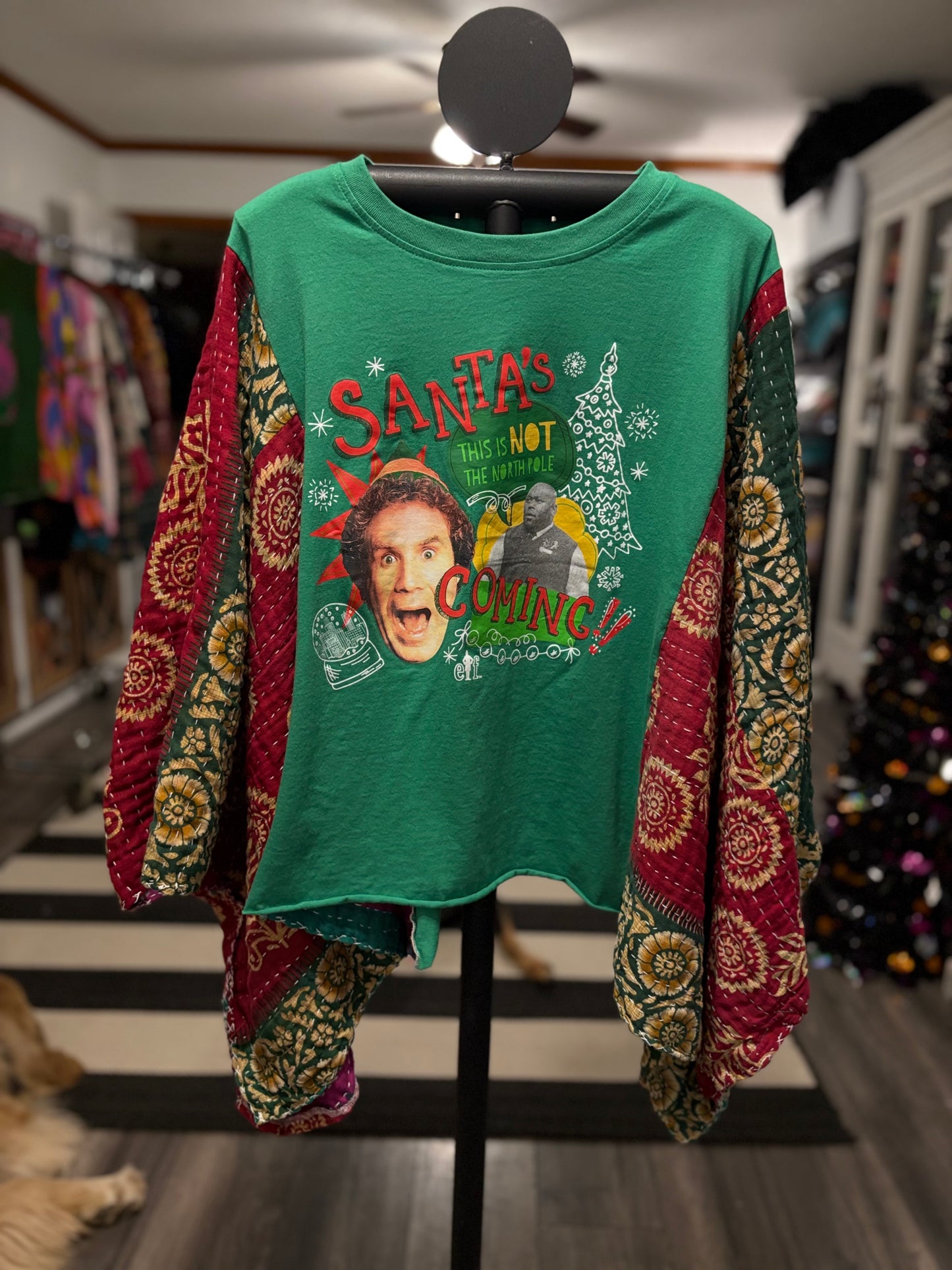 Santa’s Coming Vintage Kantha Poncho Tee One Size Fits a Small to Large