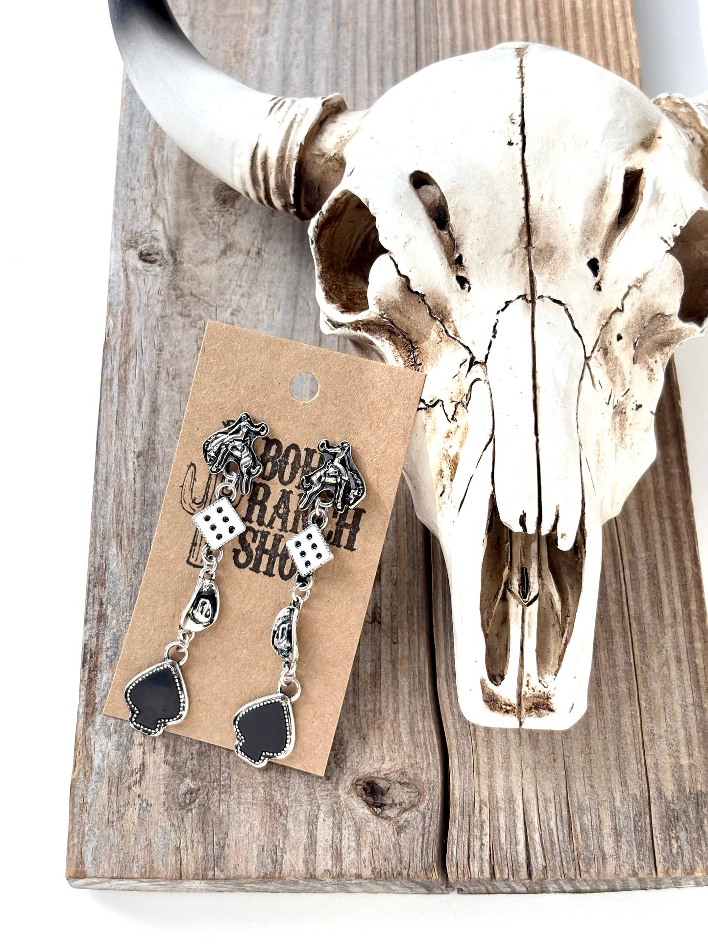 4 Tier Western Rodeo Dice Spade Stone Post Drop Earrings: White