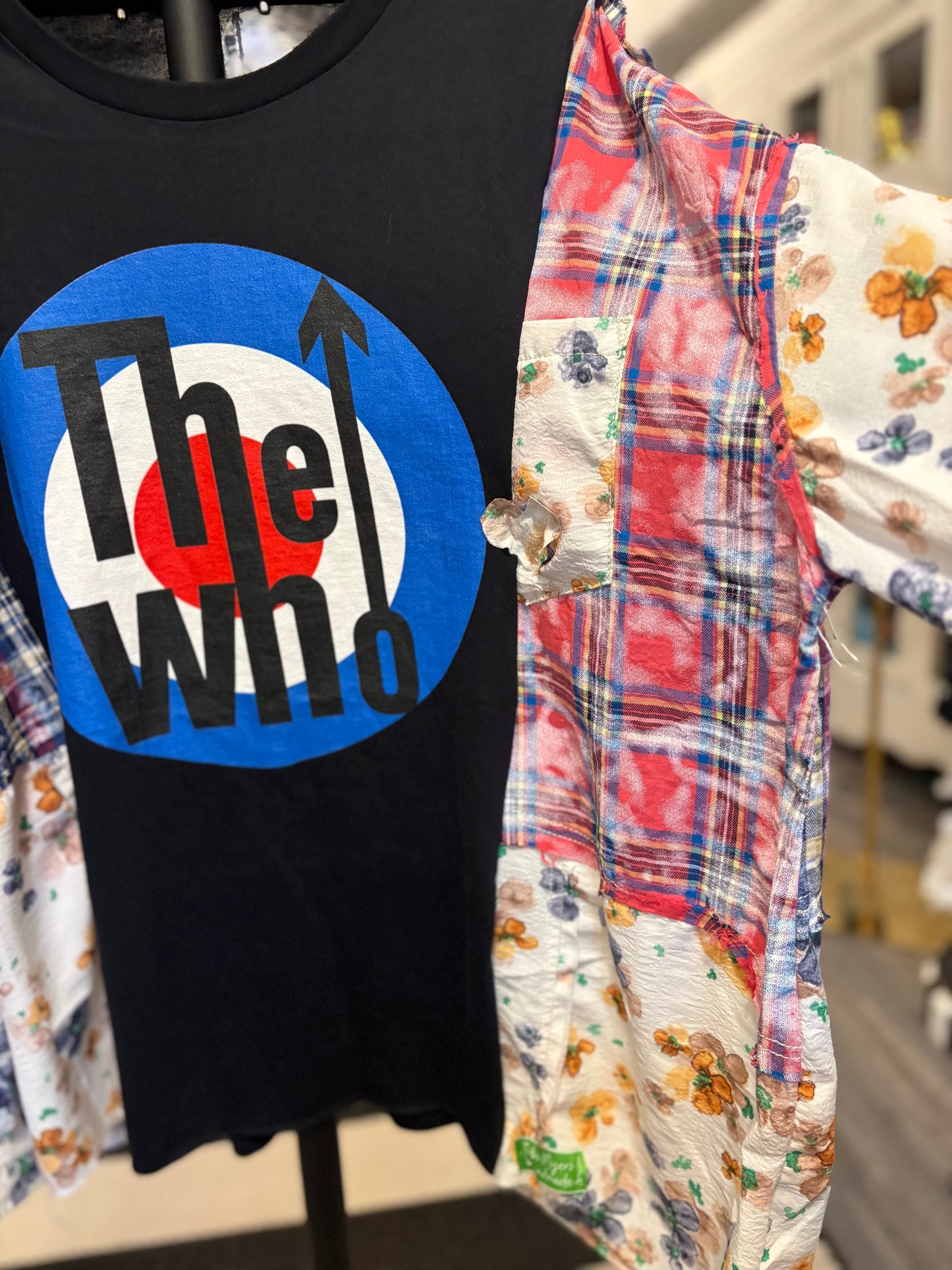 Who? Upcycled Frayed Patchwork Tee One Size Fits A Small to XXL Oversized