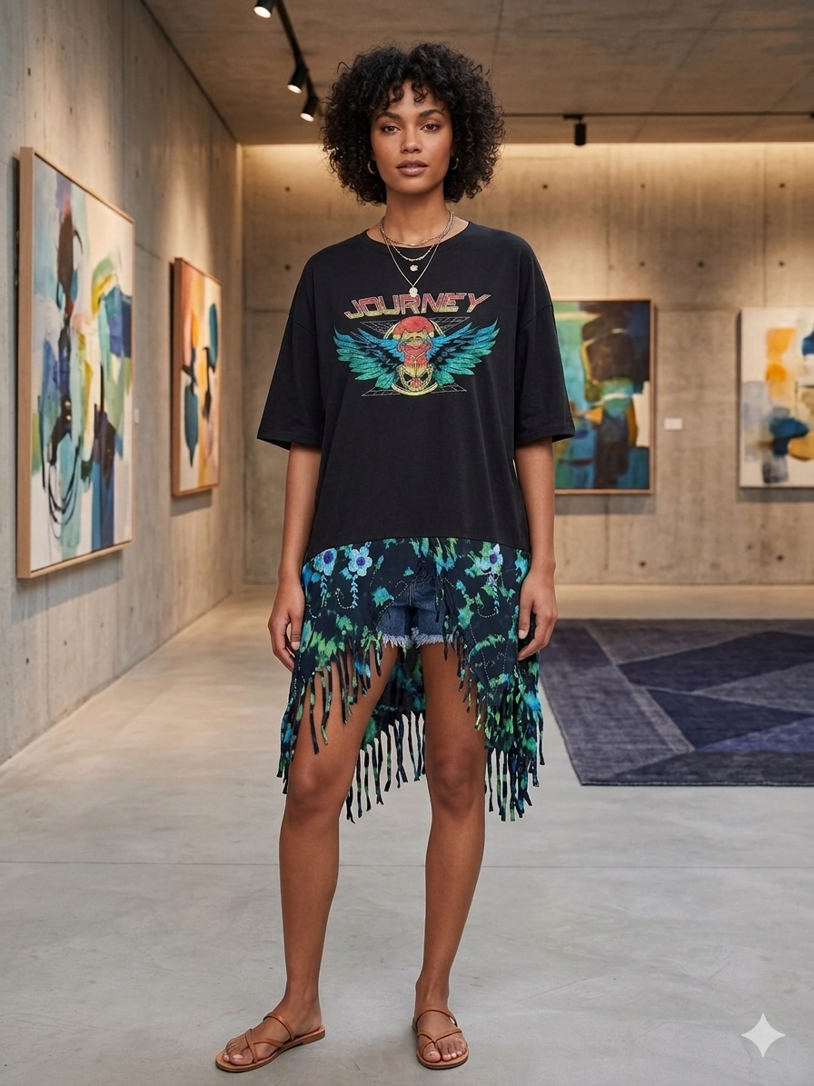 Separate Ways Upcycled Fringed Bottom Tee Dress Fits a Small to 2X