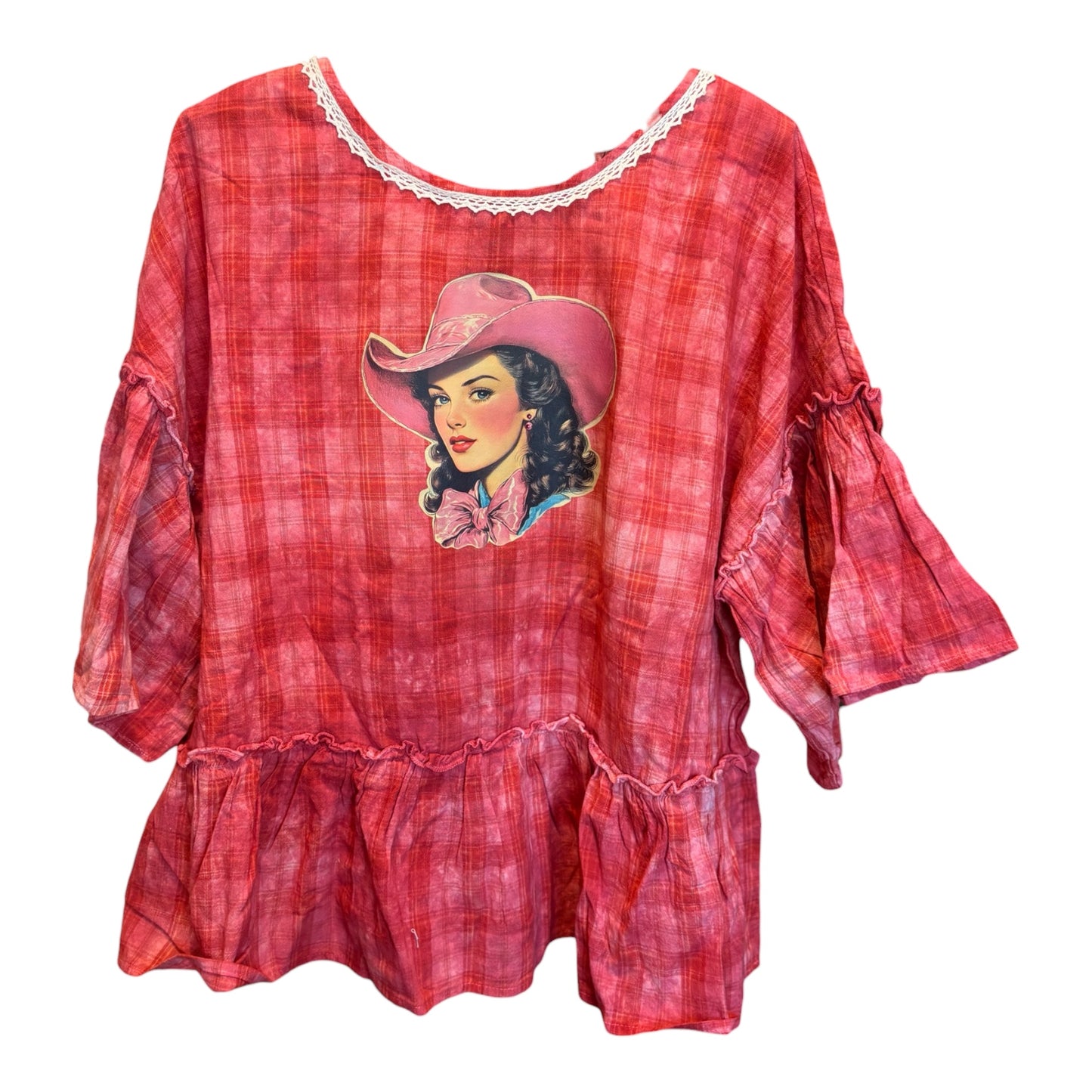 Yee Haw Upcycled Ruffle Plaid Top OVERSIZED Fits a Medium