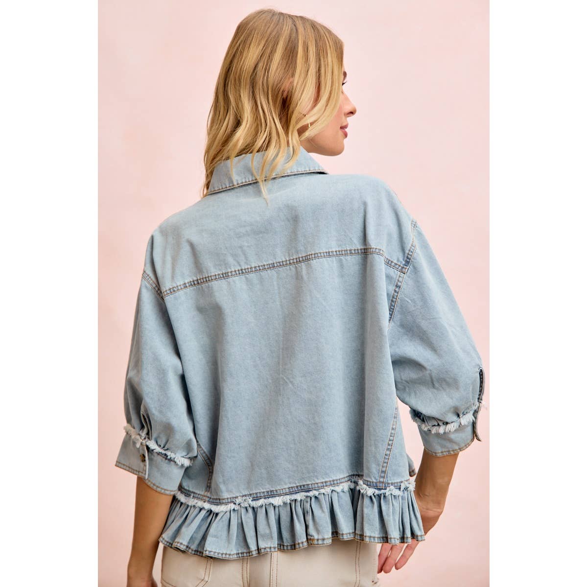WASHED DENIM RUFFLED HEM BUTTON UP SHIRT: WASHED DENIM / S-XL