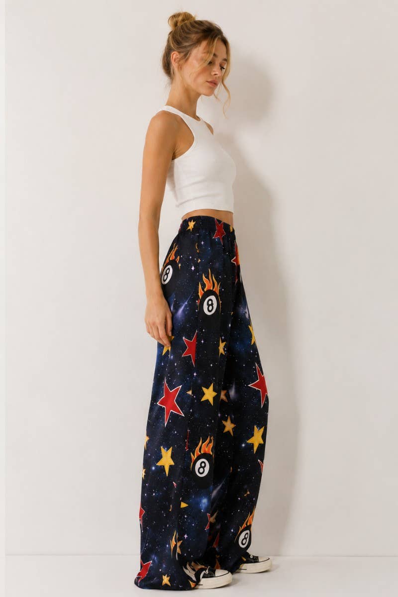 GALAXY 8-BALL PRINT WIDE LEG PANTS: DARK NAVY