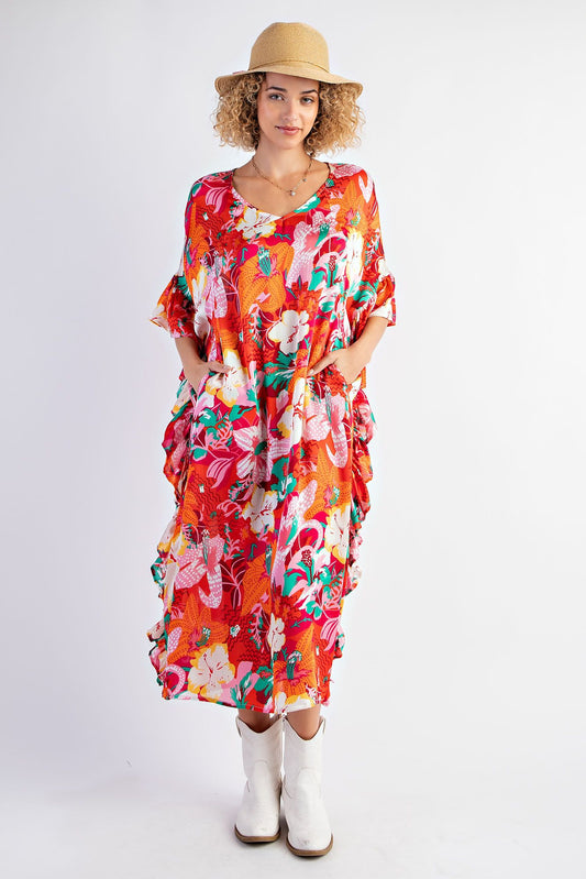 Tropical Orange Ruffle Midi Dress