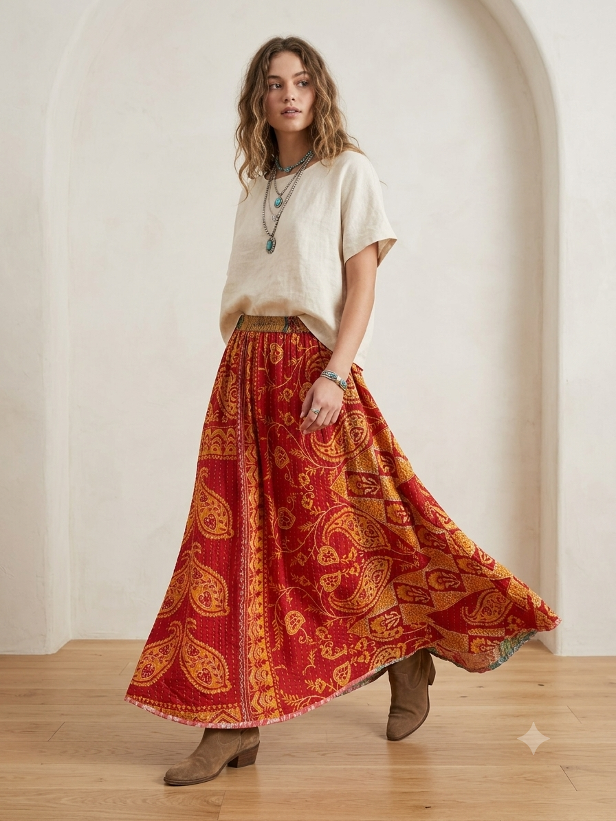 Chloe Women Vintage Kantha Quilt Cotton Reversible Skirt One Size Fits Size 4-16
