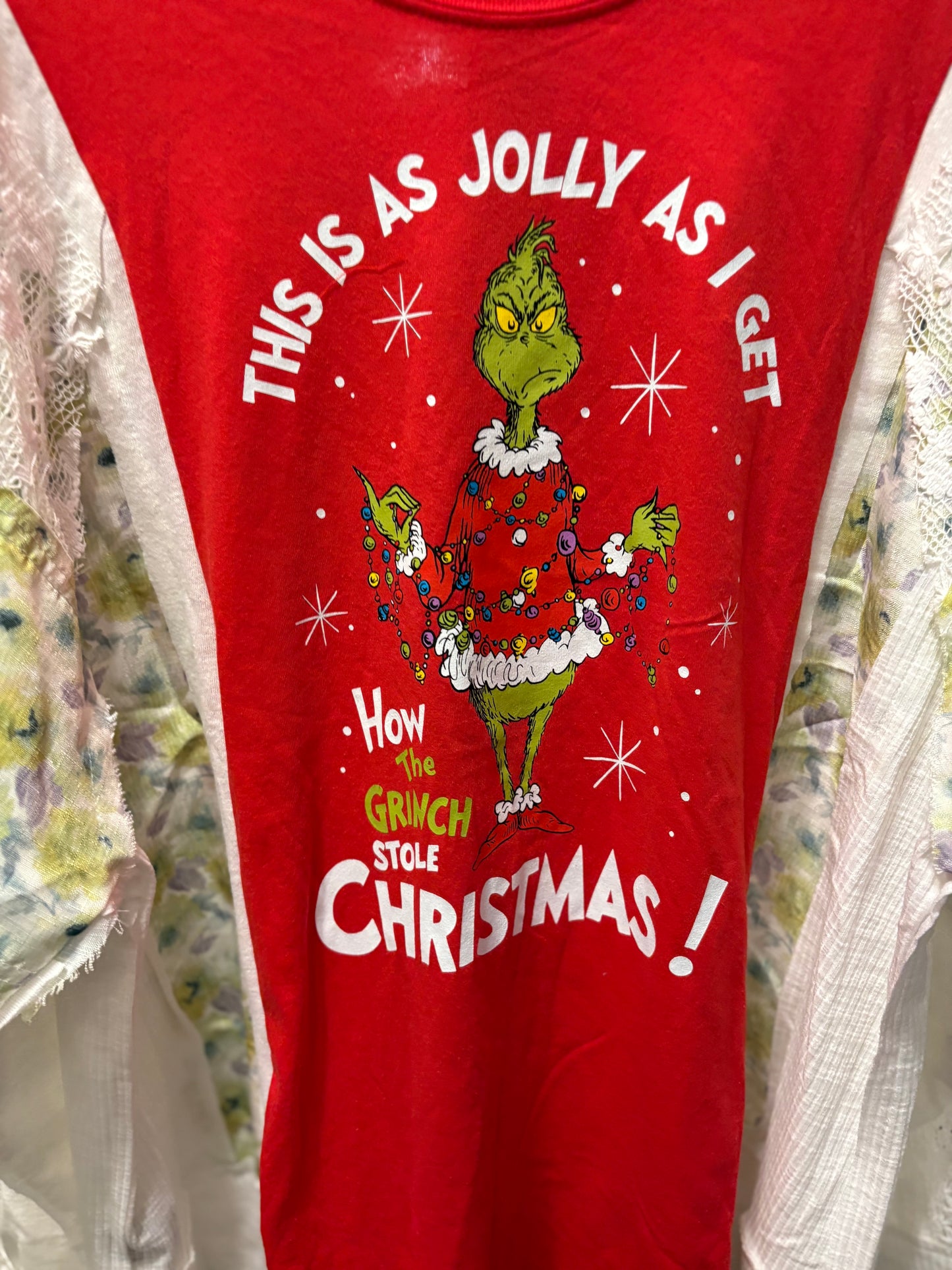 Jolly Grinch Upcycled Frayed Lace Sleeve Tee One Size Fits Small to XXL Oversized