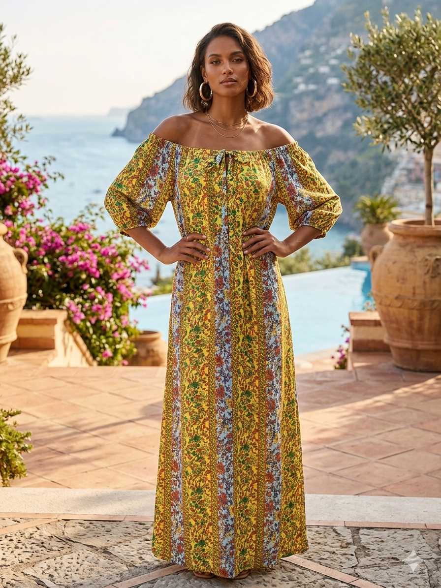 Yellow Floral Off Shoulder Dress Size Small