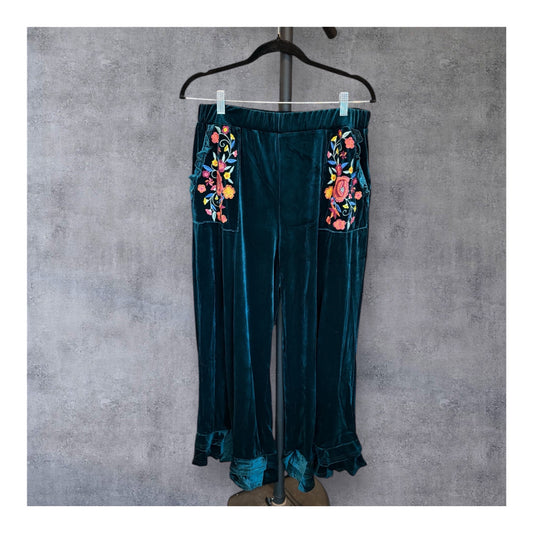 Teal Embroidered Velvet Ruffled Bottom Pants
