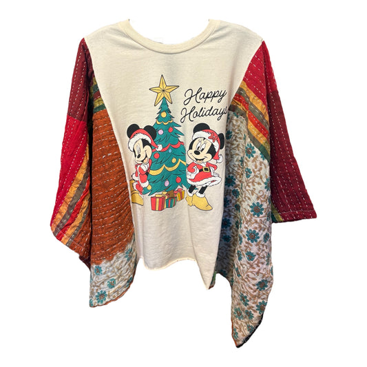 Mickey Christmas Upcycled Vintage Kantha Poncho Tee Fits A Size Small to XXL