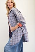 Blue Plaid Frayed Long Flannel Plus Size