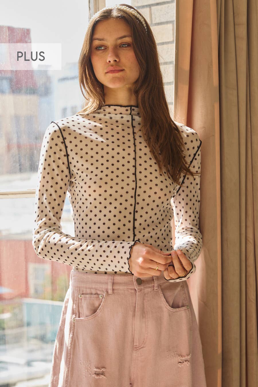 Plus Polka Dot Mesh Turtleneck Top: Black White / 1XL