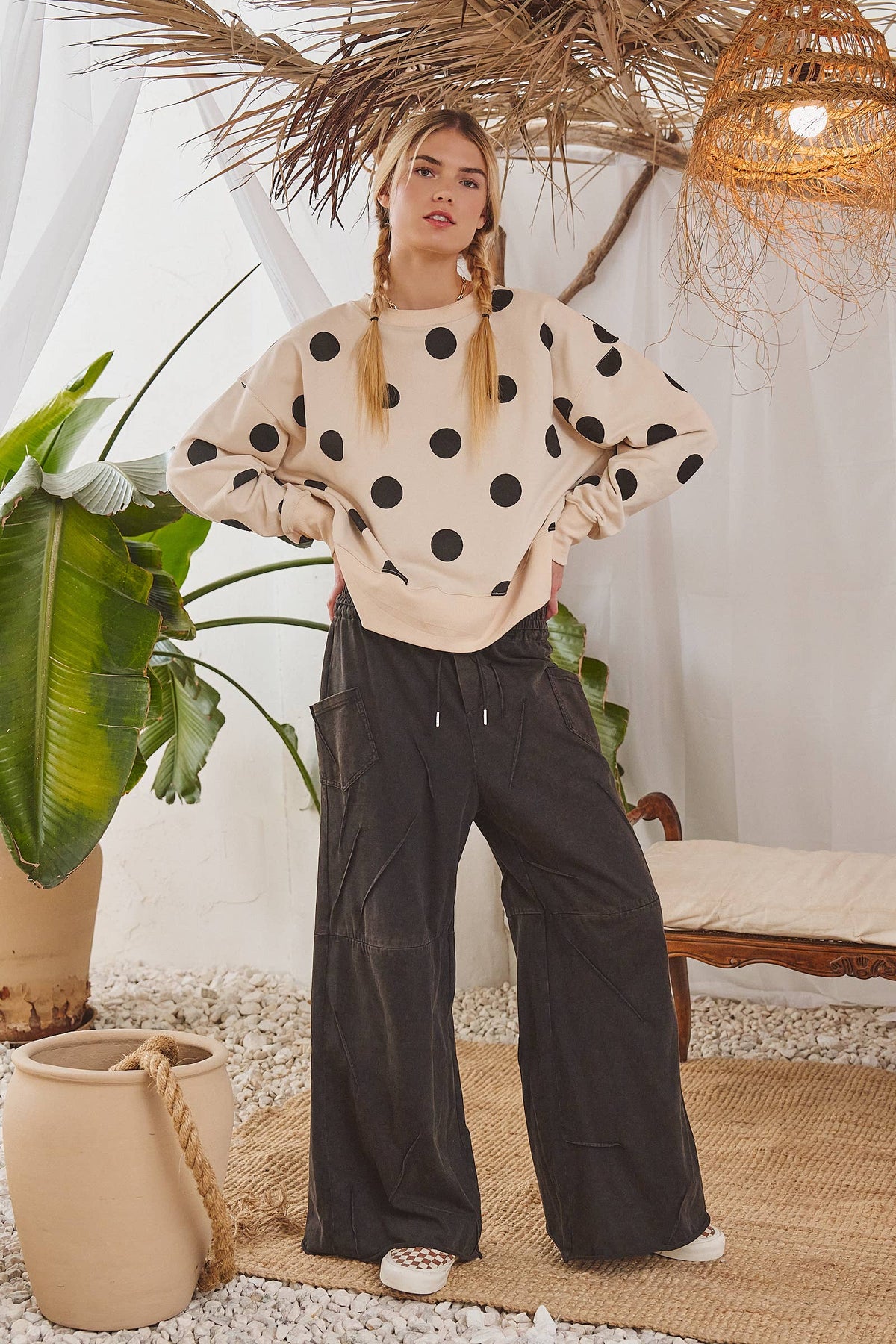 PLUS SIZE POLKA DOT SWEATSHIRT: Beige
