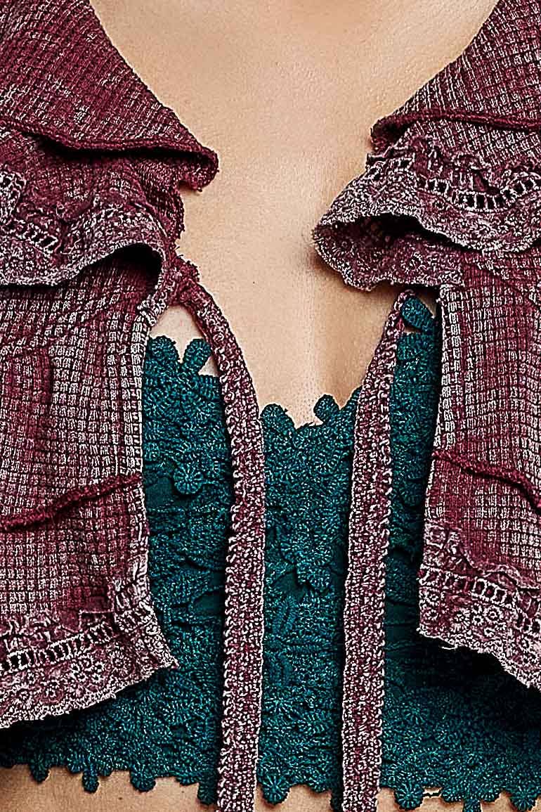 Gingham Lace Ruffle Tie Front Thermal Flared Cropped Top: BLOOD RED / L