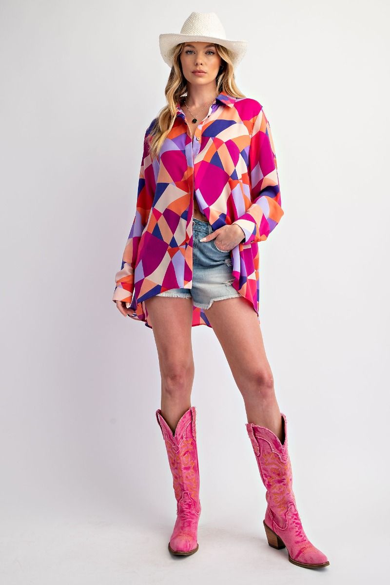 Hot Pink Geo Satin Button Down Shirt