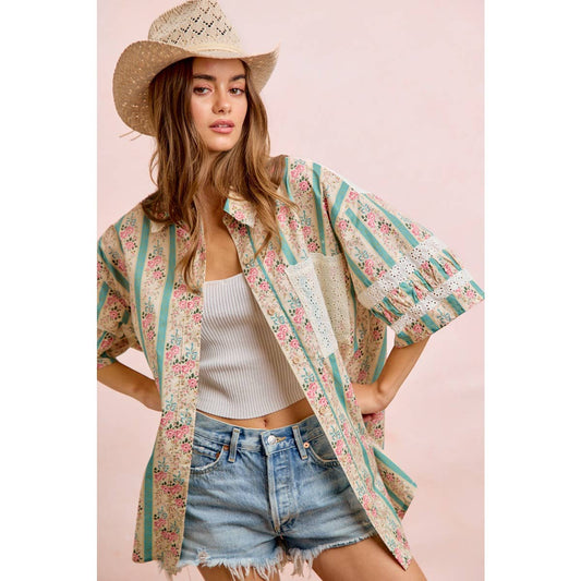 EYELET LACE AND FLORAL MIX AND MATCH SHIRT TOP: TEAL / M 6-10