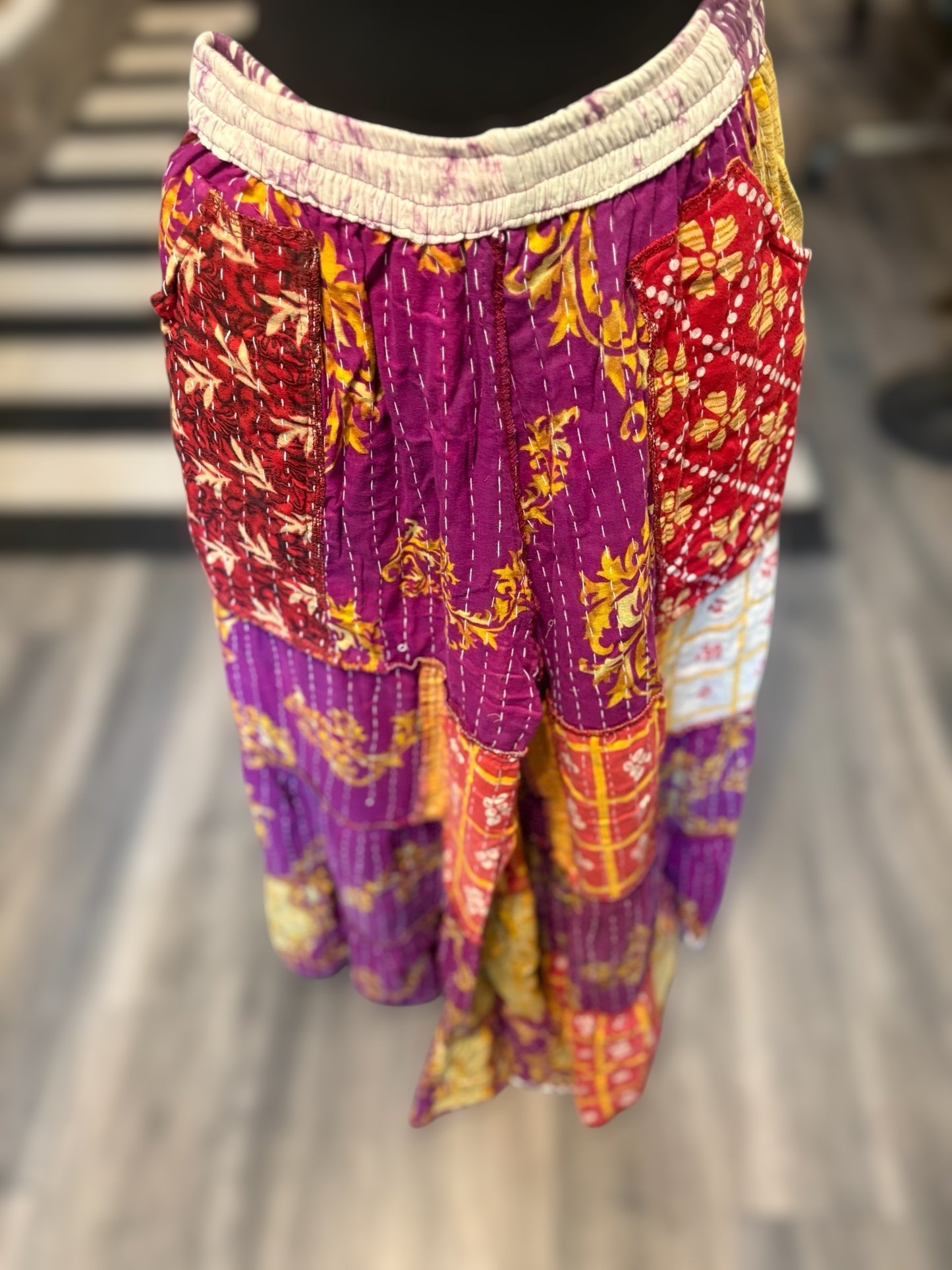 Raven Kantha Flowy Tiered Reversible Palazzo Pant with Pockets: One Size Fits Size 6-16