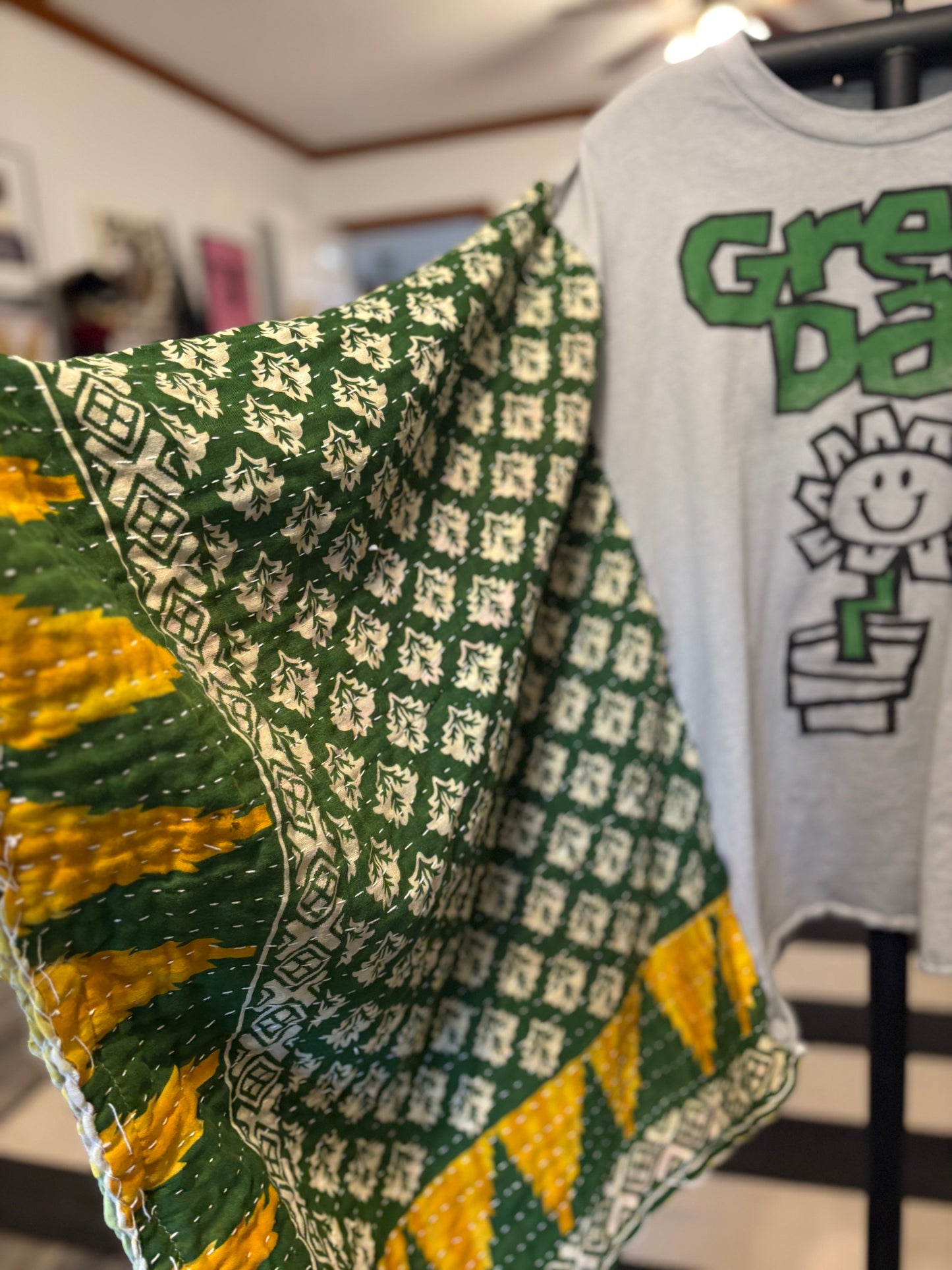 Green Day Upcycled Vintage Kantha Poncho Tee One Size Fits a Large to 3X