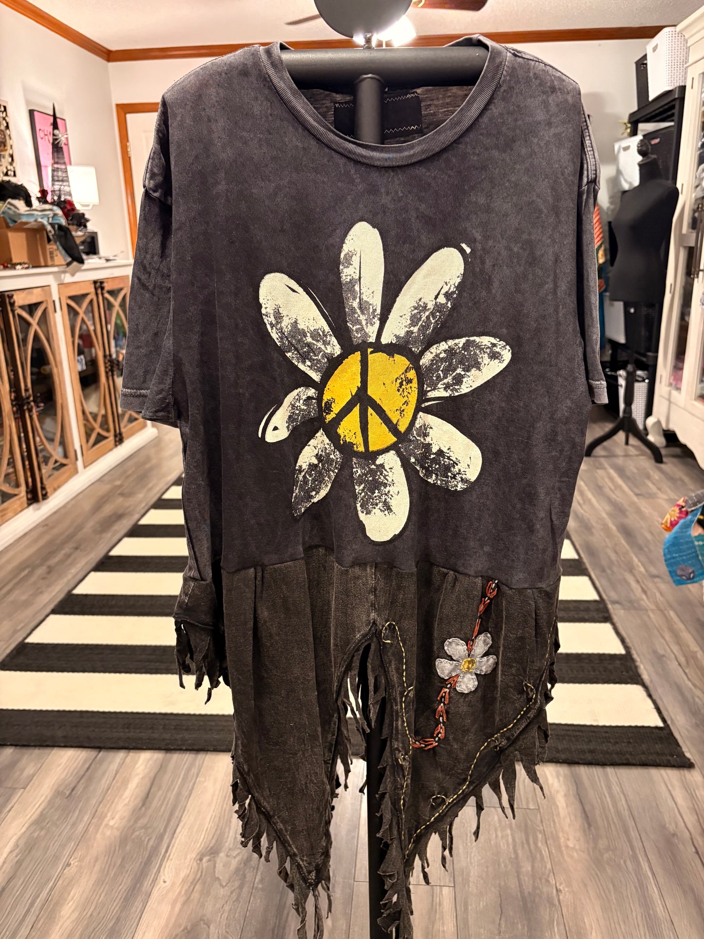 Dirty Daisy Upcycled Fringed Bottom Tee Dress Fits a Small to XL