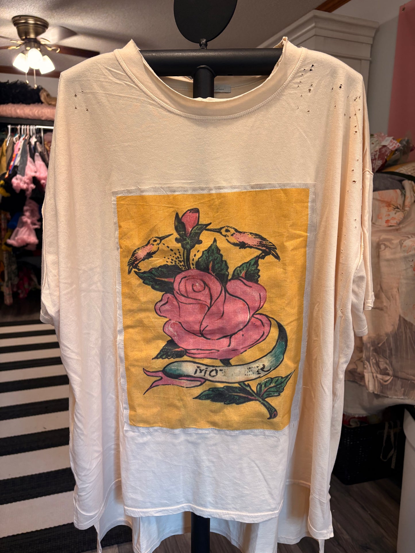 Tee with Colorful Patchwork Rose Print