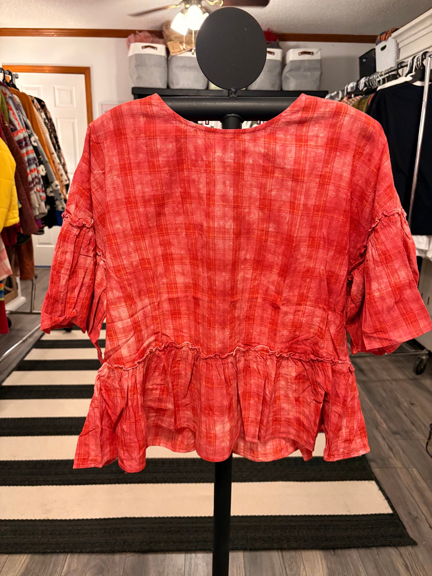 Raspberry Plaid Ruffle Top Small