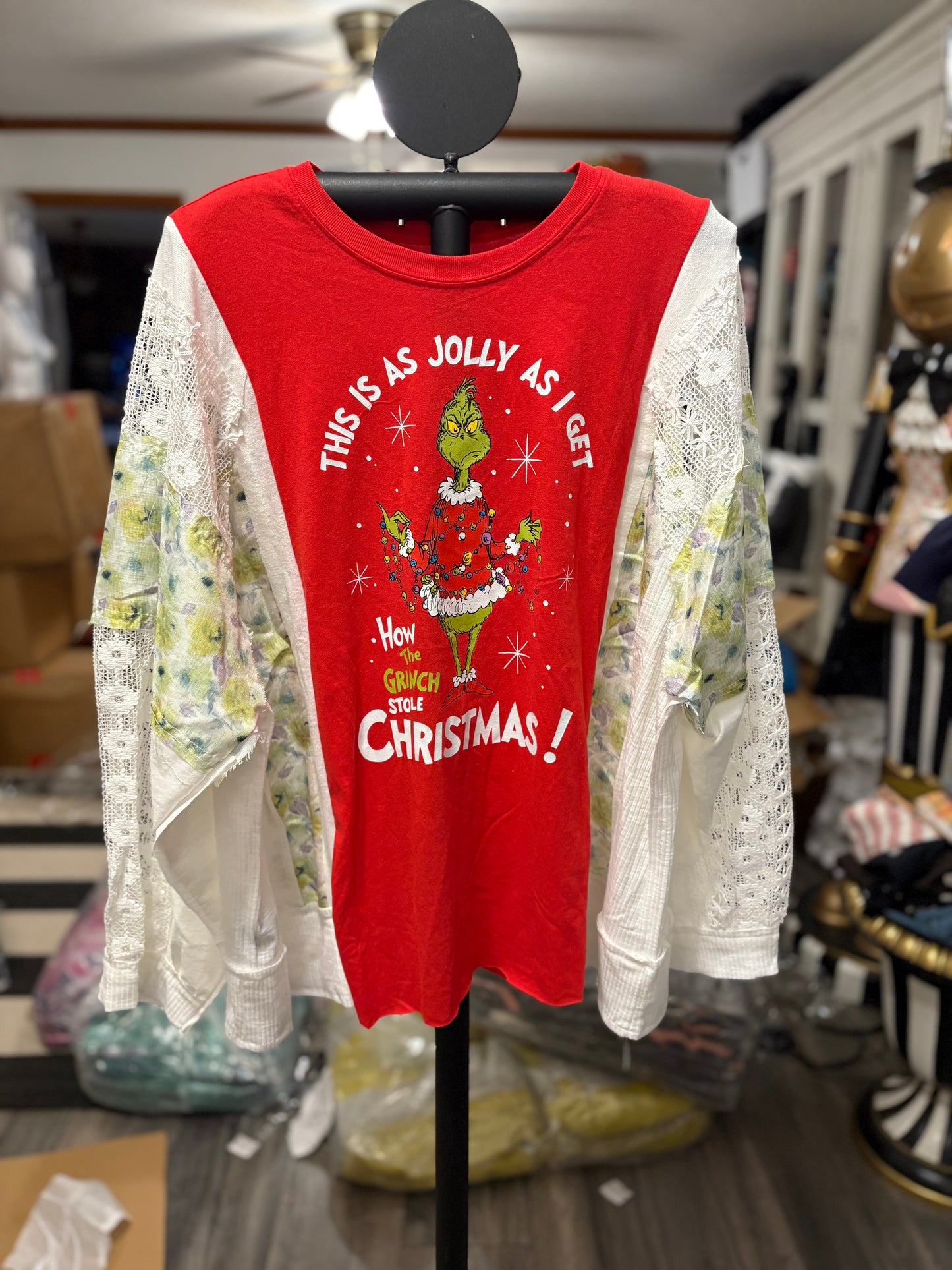 Jolly Grinch Upcycled Frayed Lace Sleeve Tee One Size Fits Small to XXL Oversized
