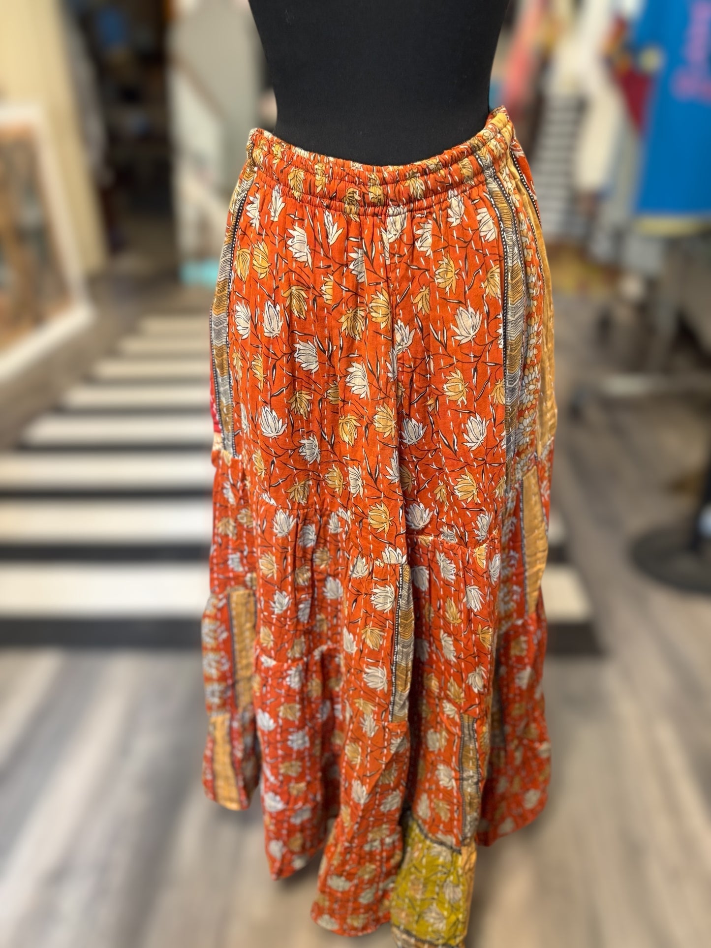 Emily Kantha Flowy Tiered Reversible Palazzo Pant with Pockets: One Size Fits Size 6-16