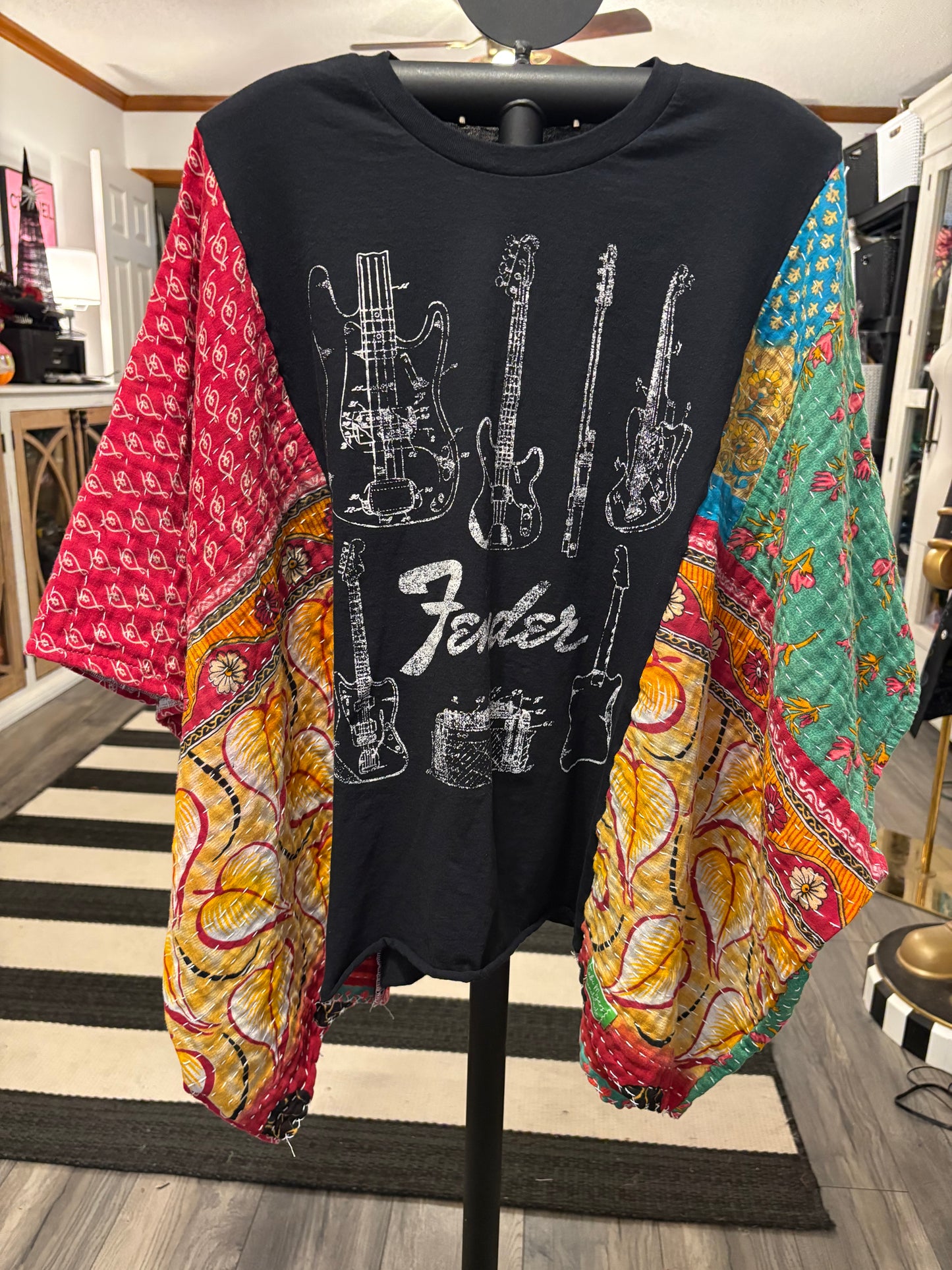 Fender Upcycled Vintage Kantha Quilt Poncho Tee One Size Fits a Large to 3X
