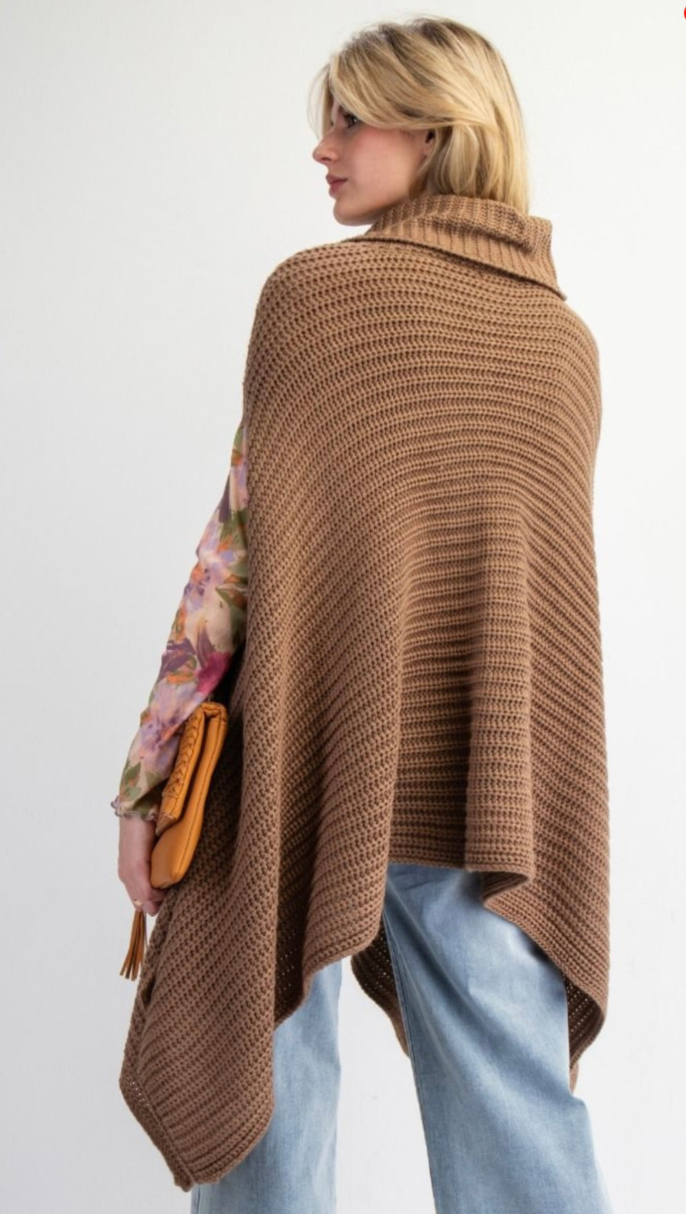 Camel Knit Turtleneck Poncho