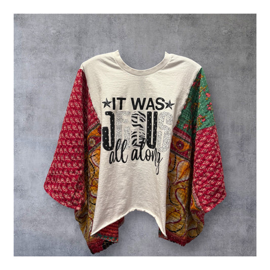 Jesus Upcycled Vintage Kantha Quilt Poncho Tee One Size Fits a Small to XL