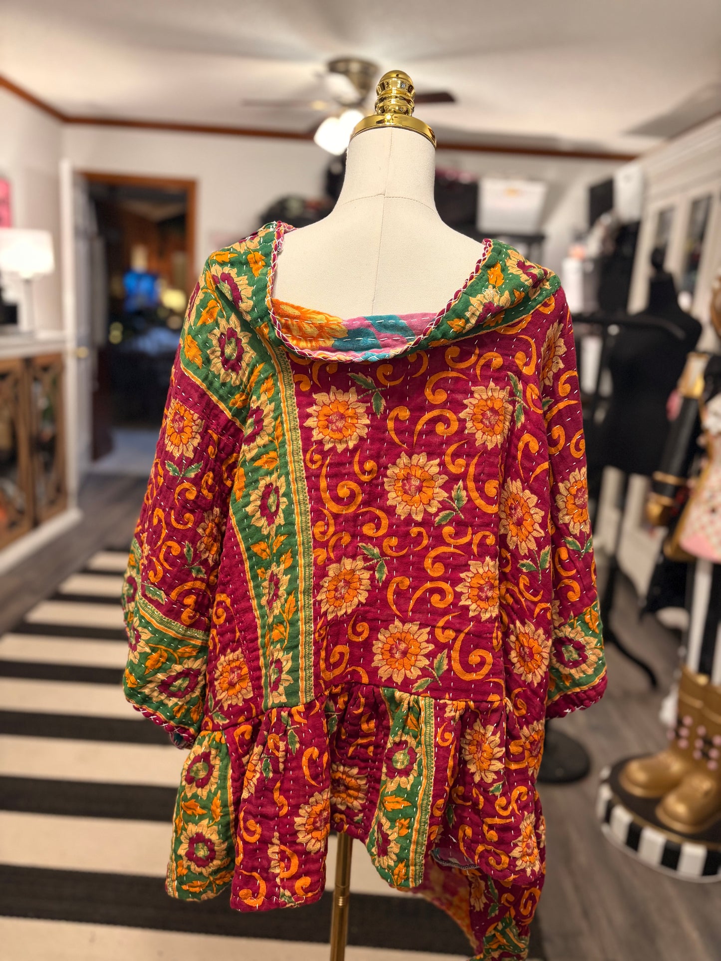 Gogh Upcycled Vintage Kantha Quilt ART Layering Top One Size Fits A Small to 3X Oversized