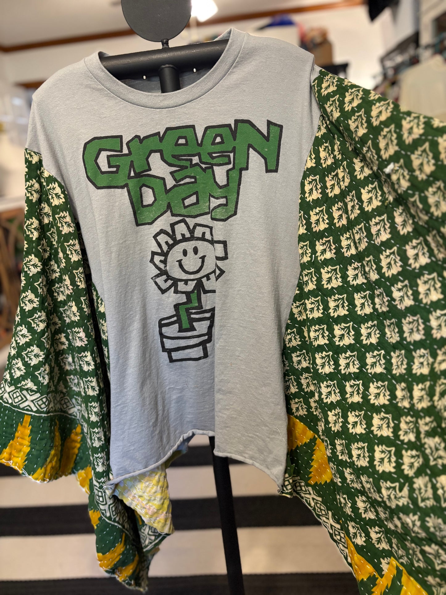 Green Day Upcycled Vintage Kantha Poncho Tee One Size Fits a Large to 3X