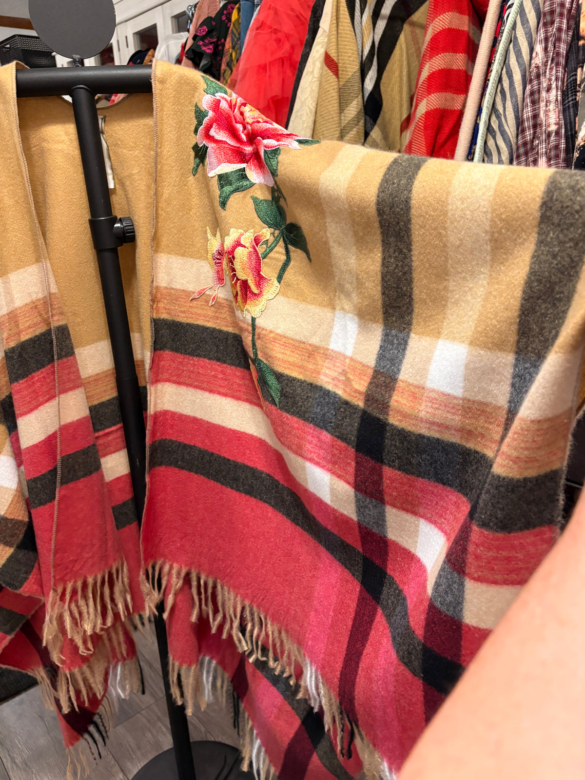 Flora Plaid  Hand Embroidered Cape by Aratta One Size Fits a Small to 3X